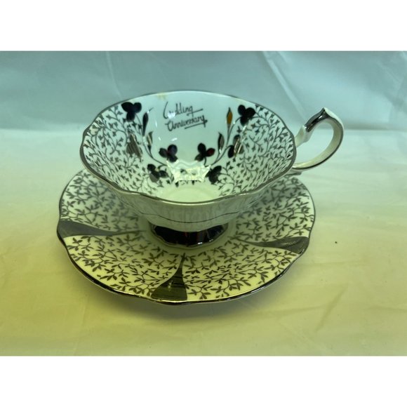 Queen Anne Silver Lace Wedding Anniversary Teacup Saucer Set Bone China England - Picture 1 of 5